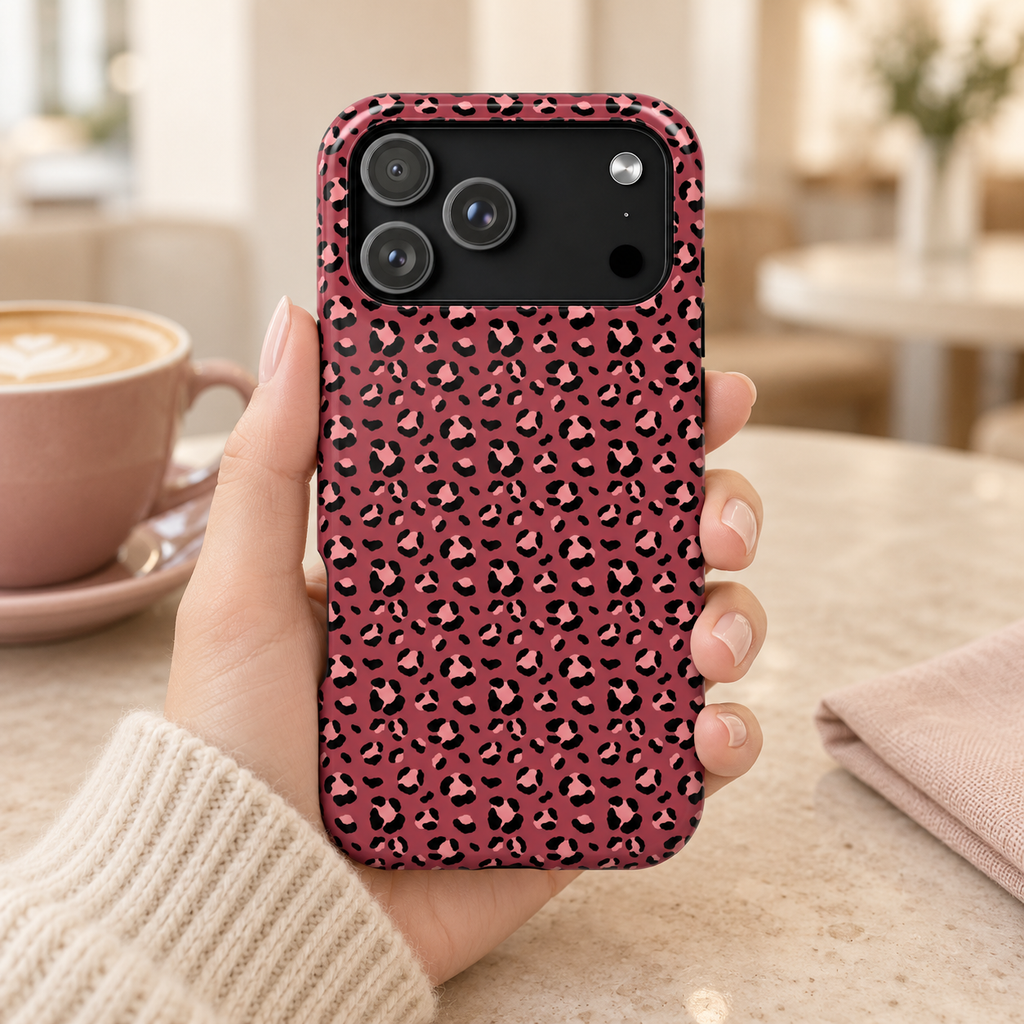 Pink Leopard MagSafe case, blush leopard spots on raspberry, lifestyle photo in hand with coffee