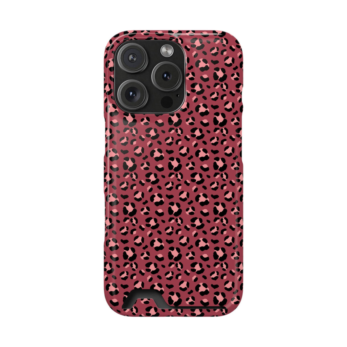 Pink Leopard phone case with card holder for iPhone 16 Pro, glossy finish