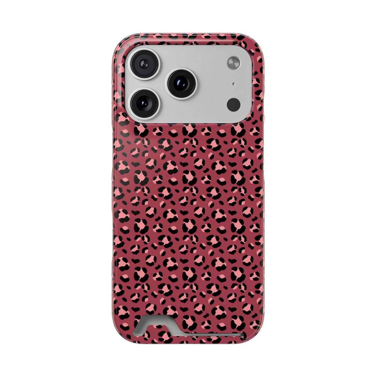 Pink Leopard phone case with card holder for iPhone 17 Pro, glossy finish