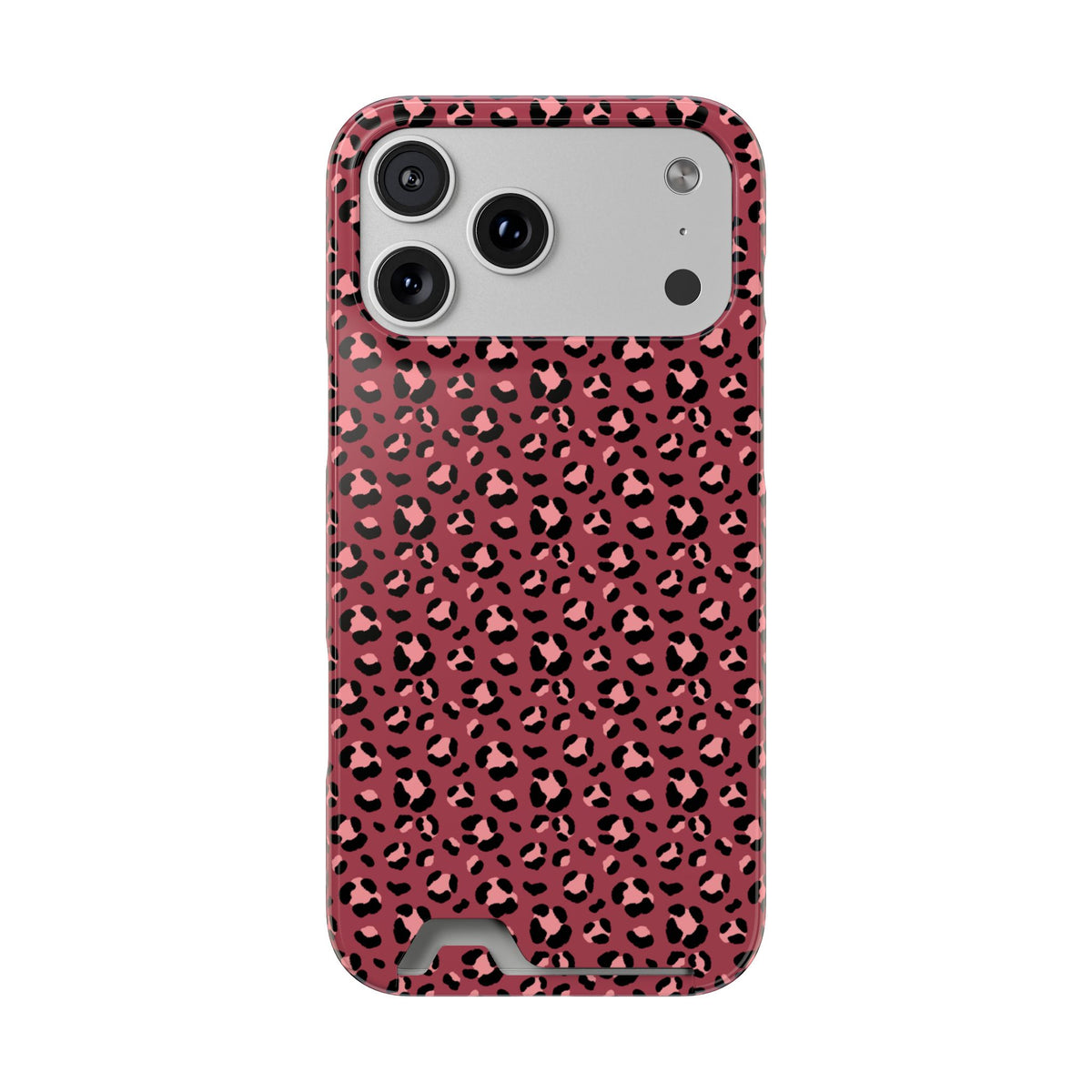 Pink Leopard phone case with card holder for iPhone 17 Pro Max, glossy finish