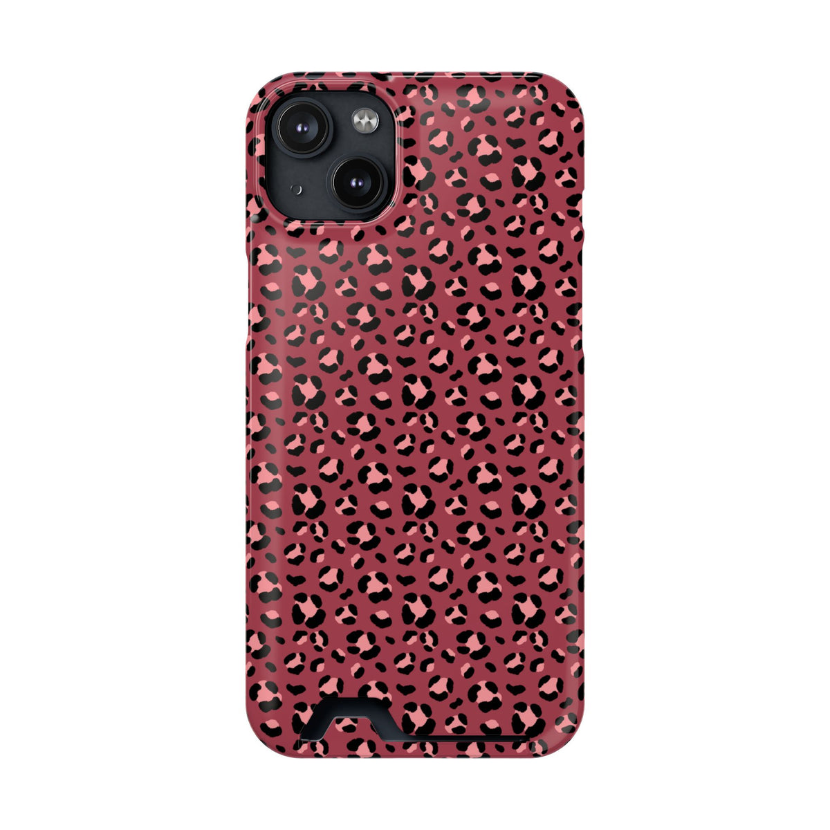 Pink Leopard phone case with card holder for iPhone 14 Plus, glossy finish