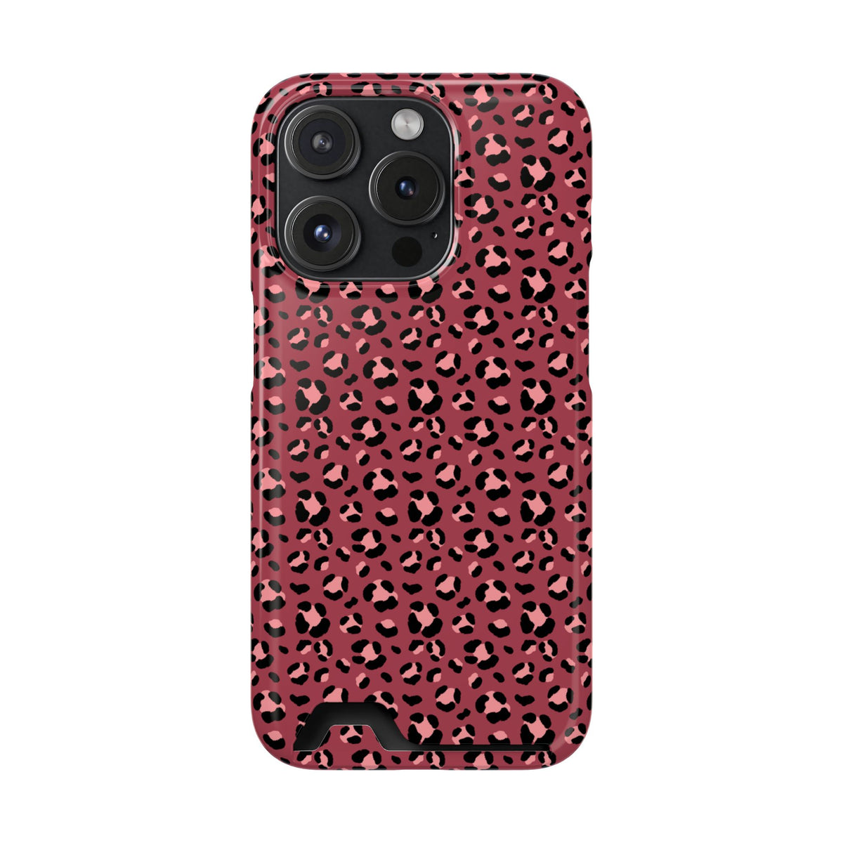 Pink Leopard phone case with card holder for iPhone 15 Pro, glossy finish