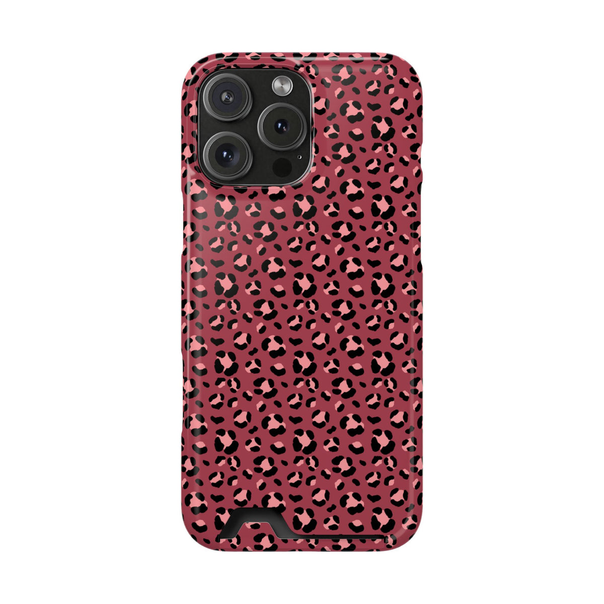Pink Leopard phone case with card holder for iPhone 16 Pro Max, glossy finish