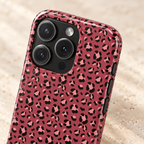 Pink Leopard phone case with card holder, blush leopard spots on raspberry, lifestyle close-up of the camera