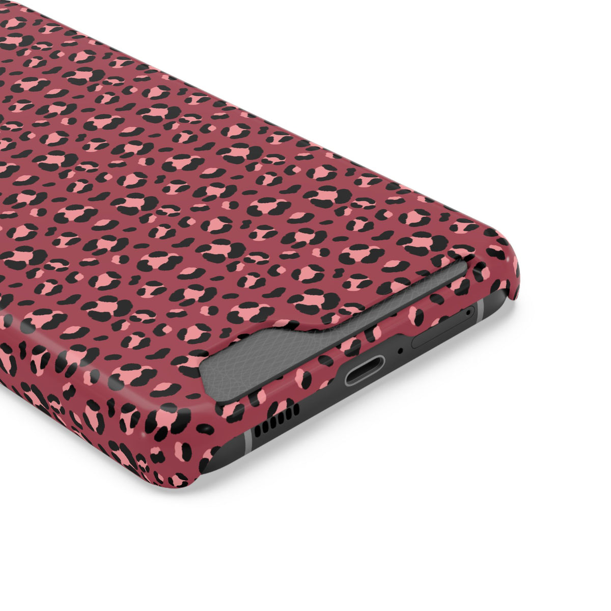 Pink Leopard phone case with card holder, close-up of the card slot