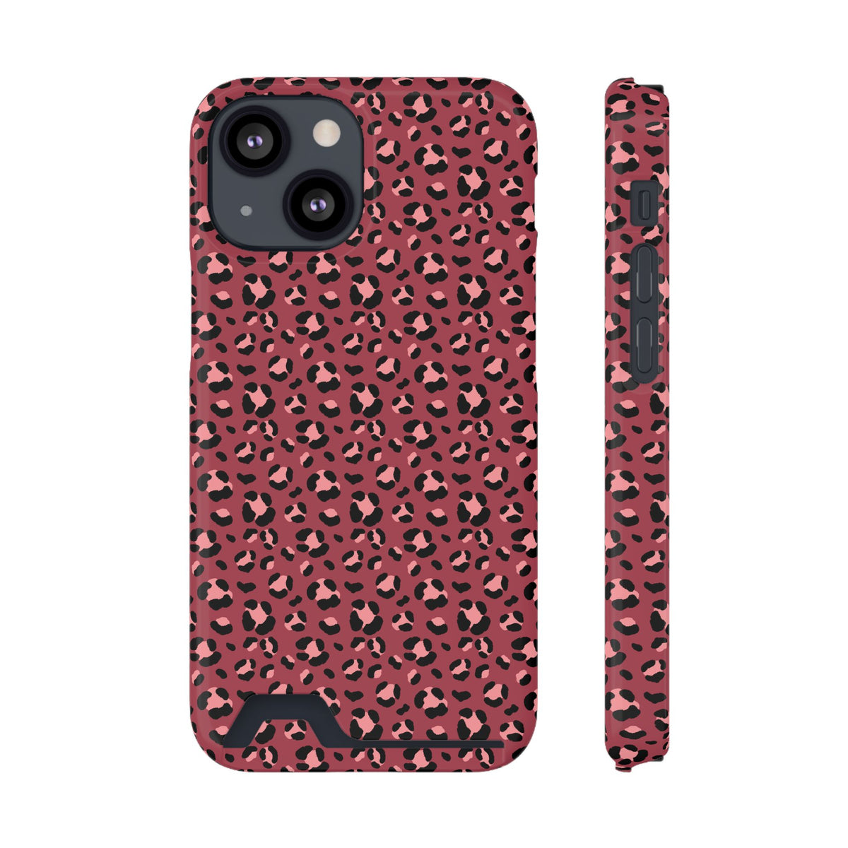 Pink Leopard phone case with card holder for iPhone 13 Mini, glossy finish
