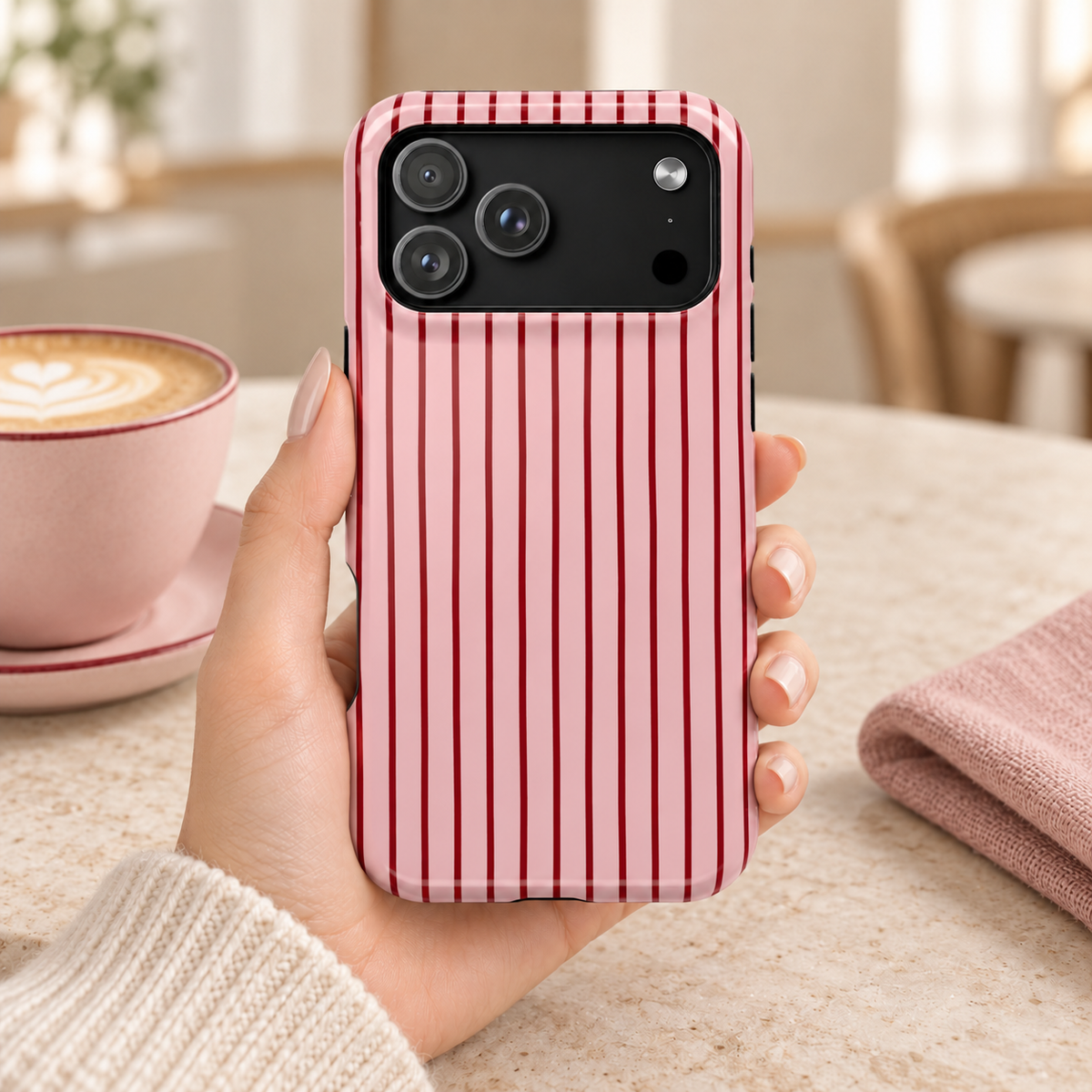 Pink Pinstripe protective phone case, black pinstripes on pink, lifestyle photo in hand with coffee