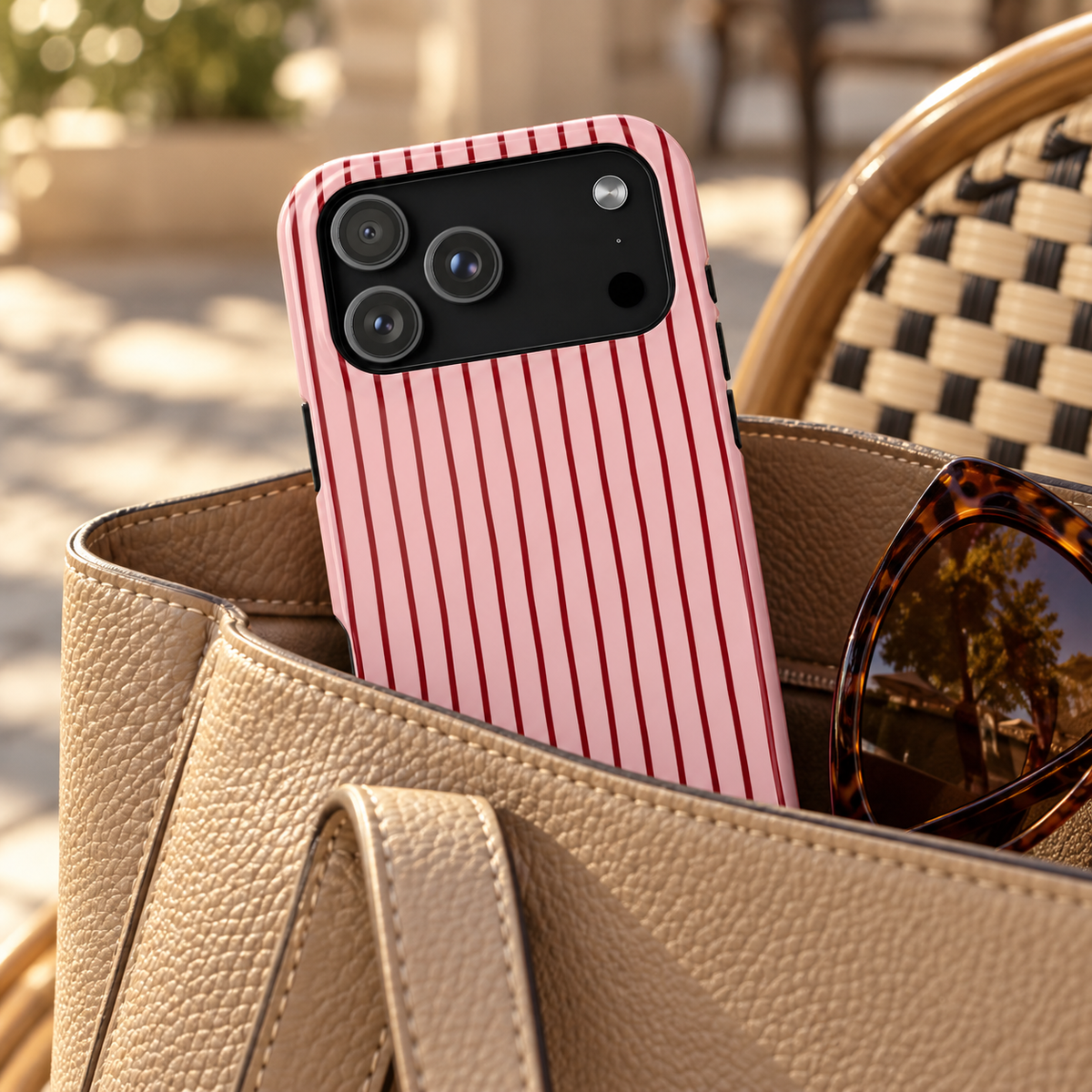 Pink Pinstripe MagSafe case, black pinstripes on pink, lifestyle photo in a handbag