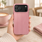 Pink Pinstripe MagSafe case, black pinstripes on pink, lifestyle photo in hand with coffee