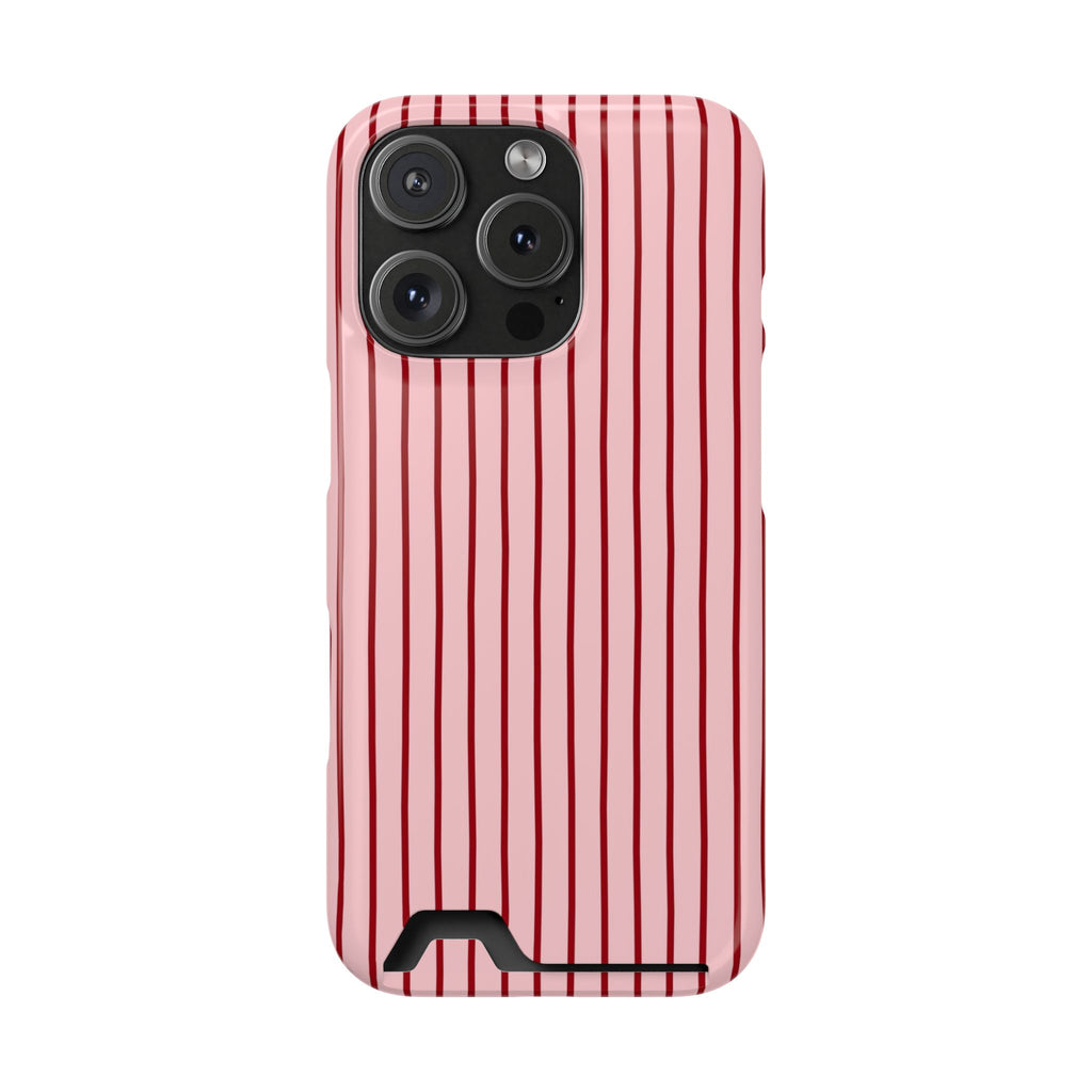 Pink Pinstripe phone case with card holder for iPhone 16 Pro, glossy finish