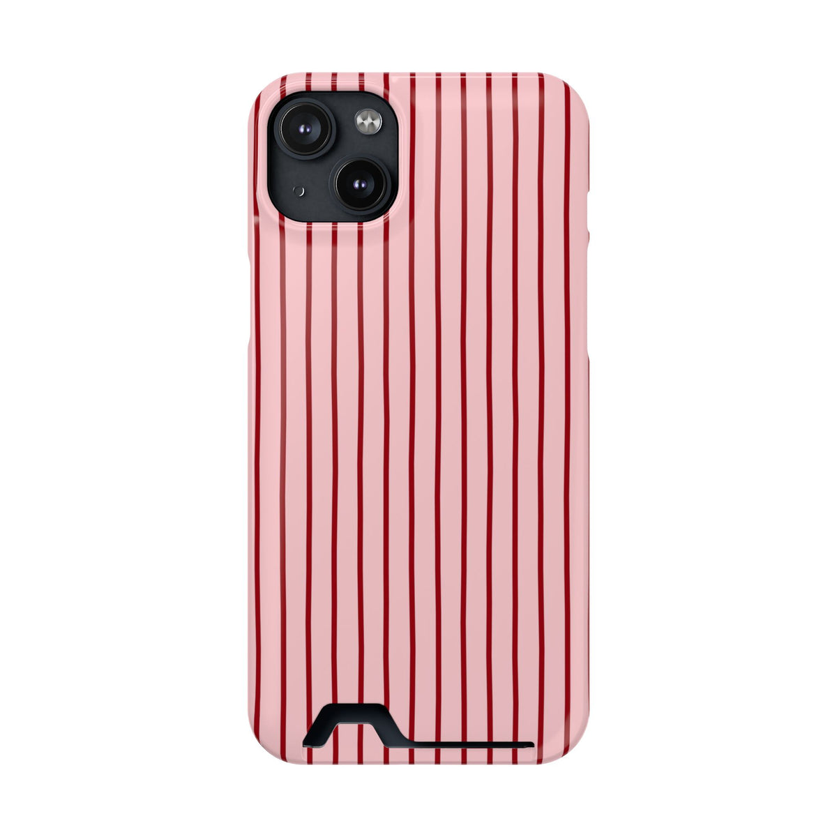 Pink Pinstripe phone case with card holder for iPhone 14 Plus, glossy finish