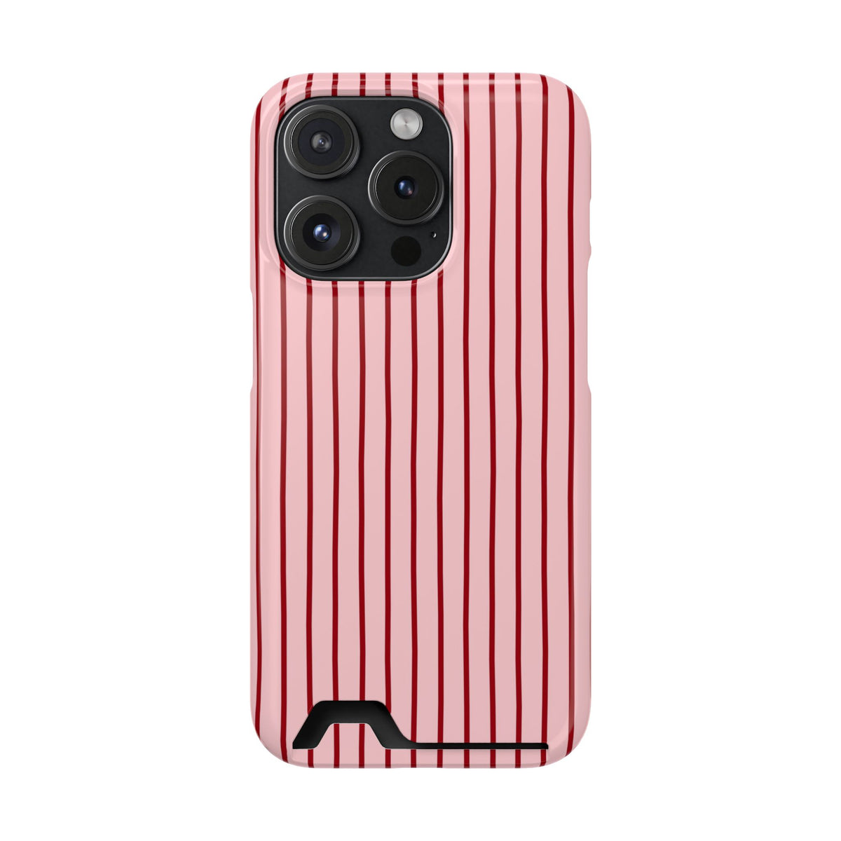 Pink Pinstripe phone case with card holder for iPhone 15 Pro, glossy finish