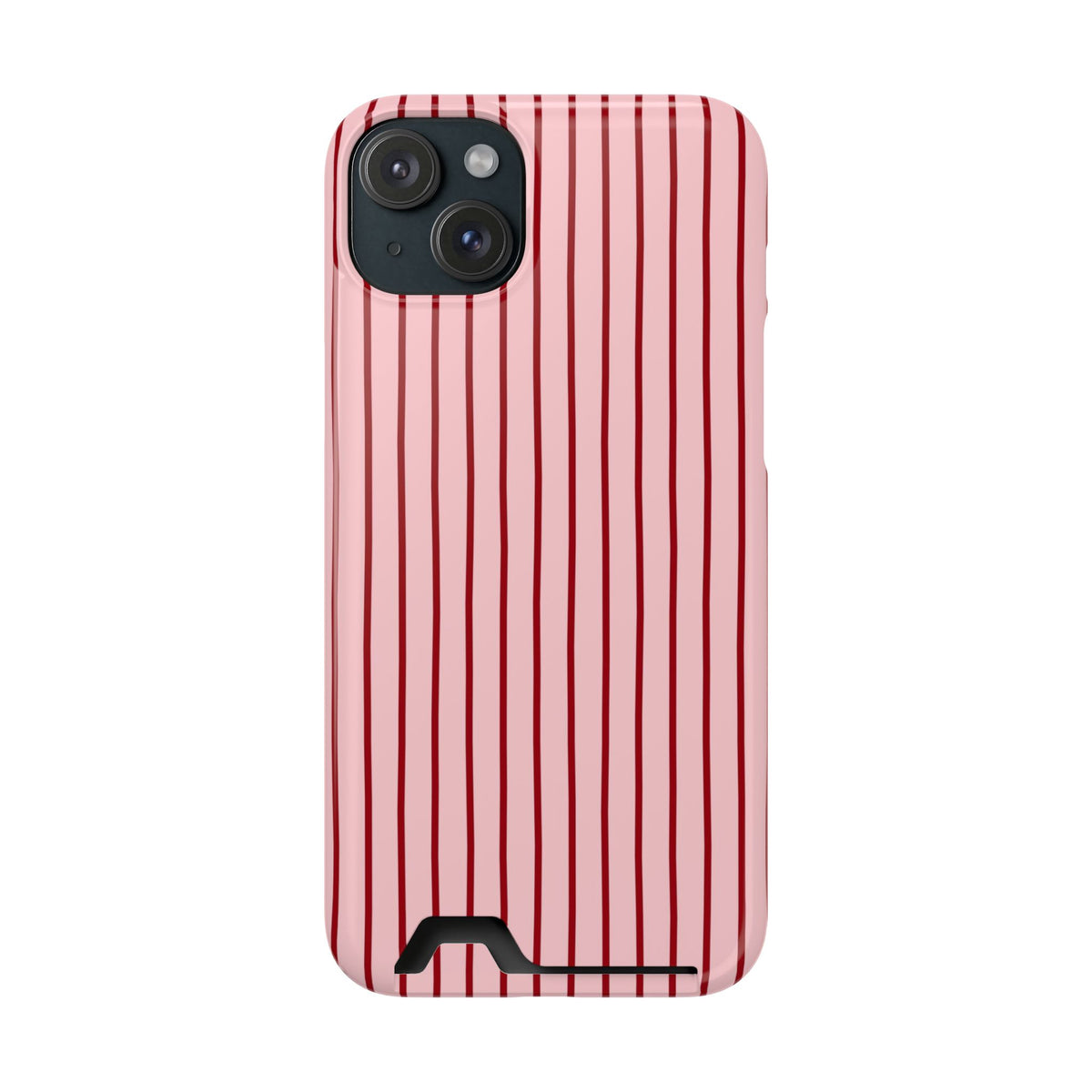 Pink Pinstripe phone case with card holder for iPhone 15 Plus, glossy finish