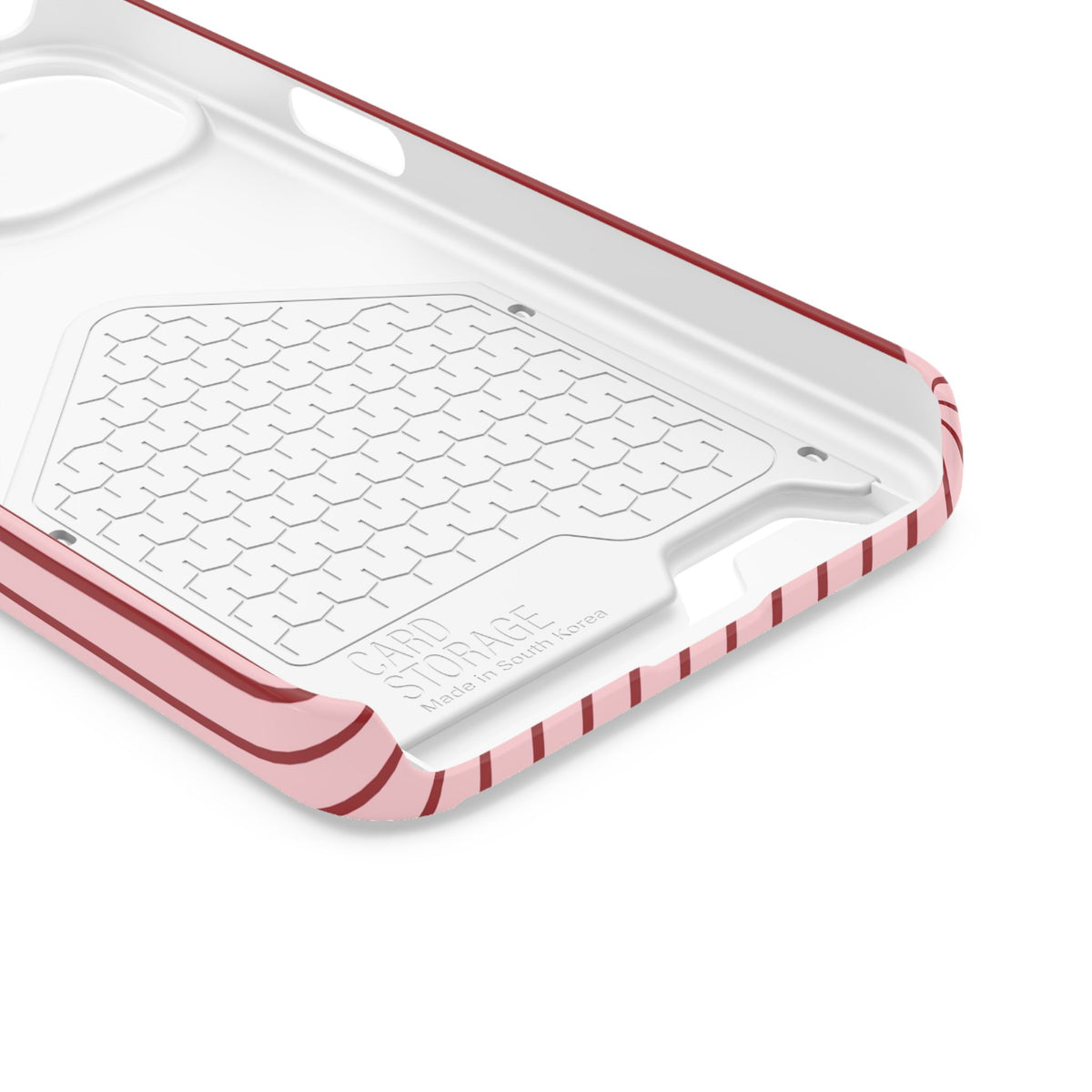 Pink Pinstripe phone case with card holder for iPhone 13, glossy finish