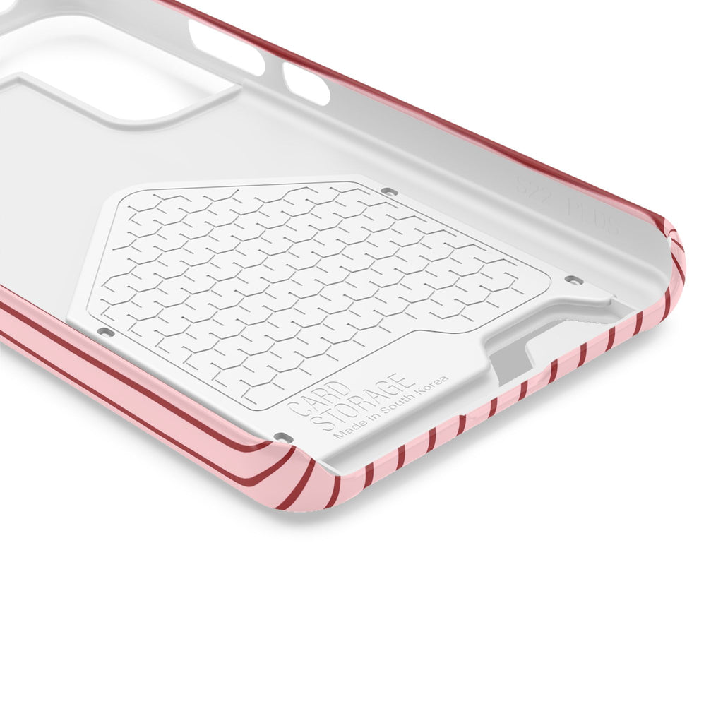 Pink Pinstripe phone case with card holder, close-up of the inside