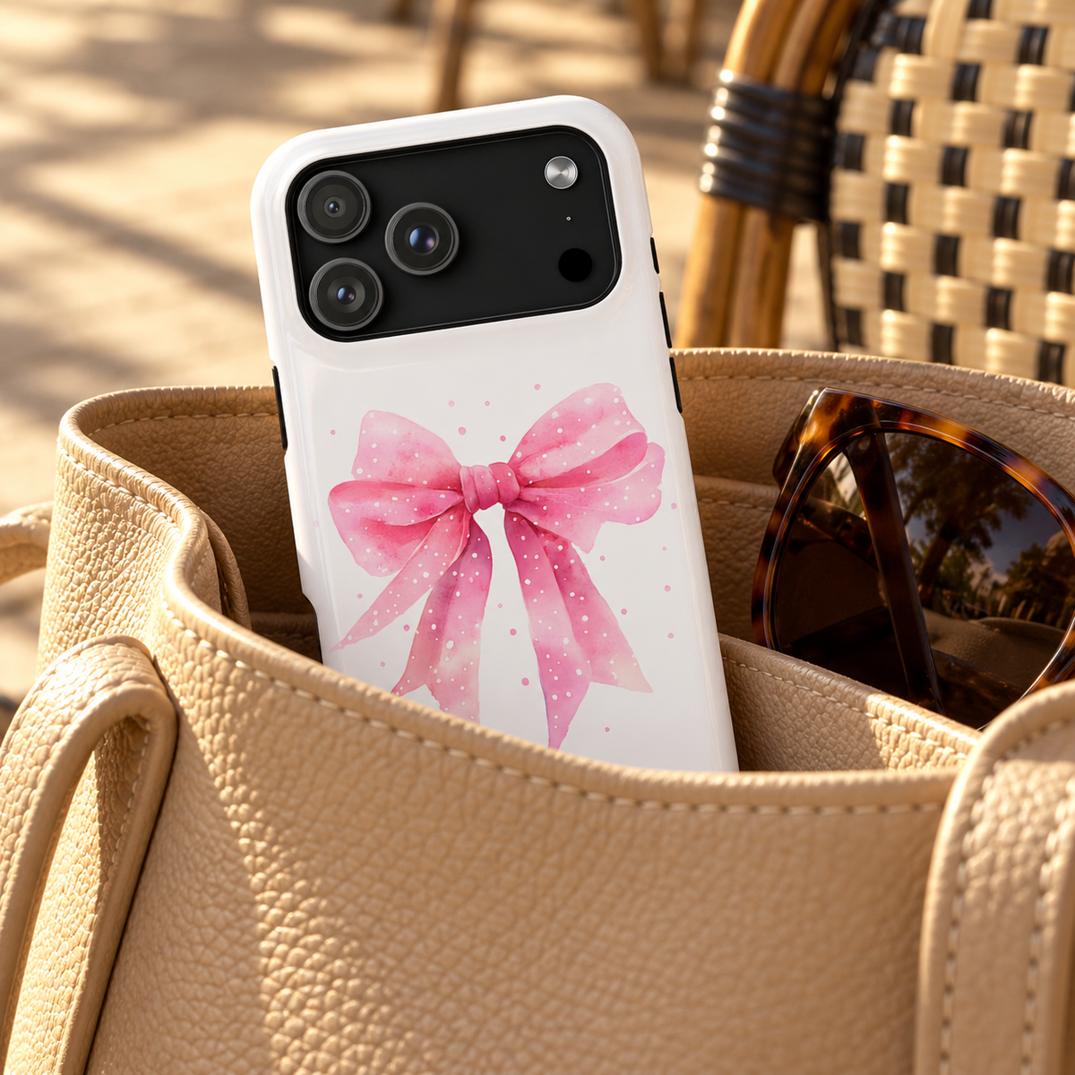 Pink Ribbon Bow protective phone case, one soft pink ribbon bow on white, lifestyle photo in a handbag