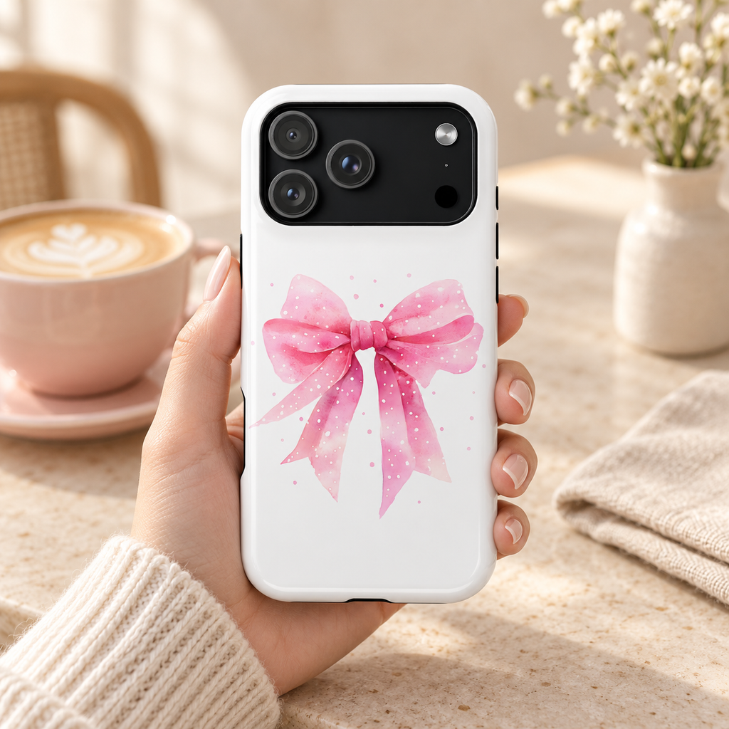 Pink Ribbon Bow protective phone case, one soft pink ribbon bow on white, lifestyle photo in hand with coffee