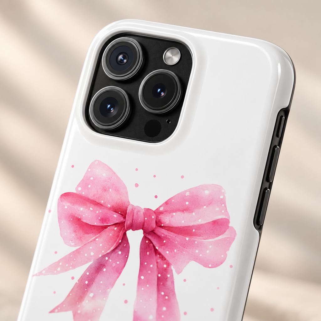 Pink Ribbon Bow protective phone case, one soft pink ribbon bow on white, lifestyle close-up of the camera