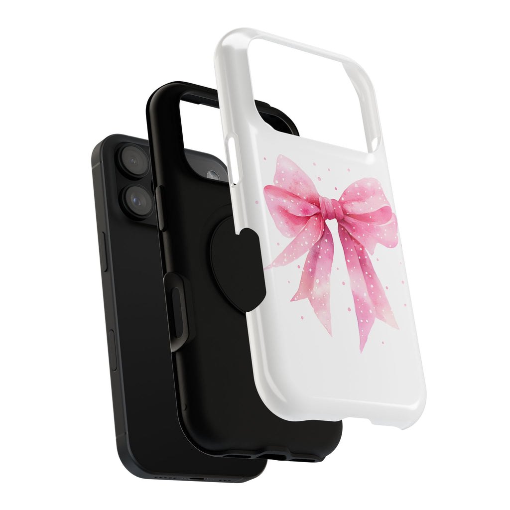 Pink Ribbon Bow protective phone case, close-up of the dual-layer construction