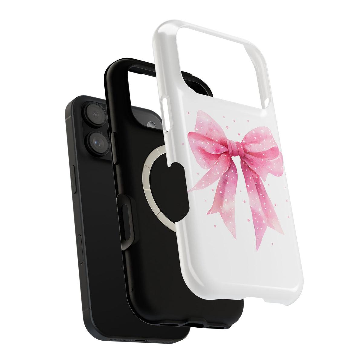 Pink Ribbon Bow MagSafe case, close-up of the dual-layer construction