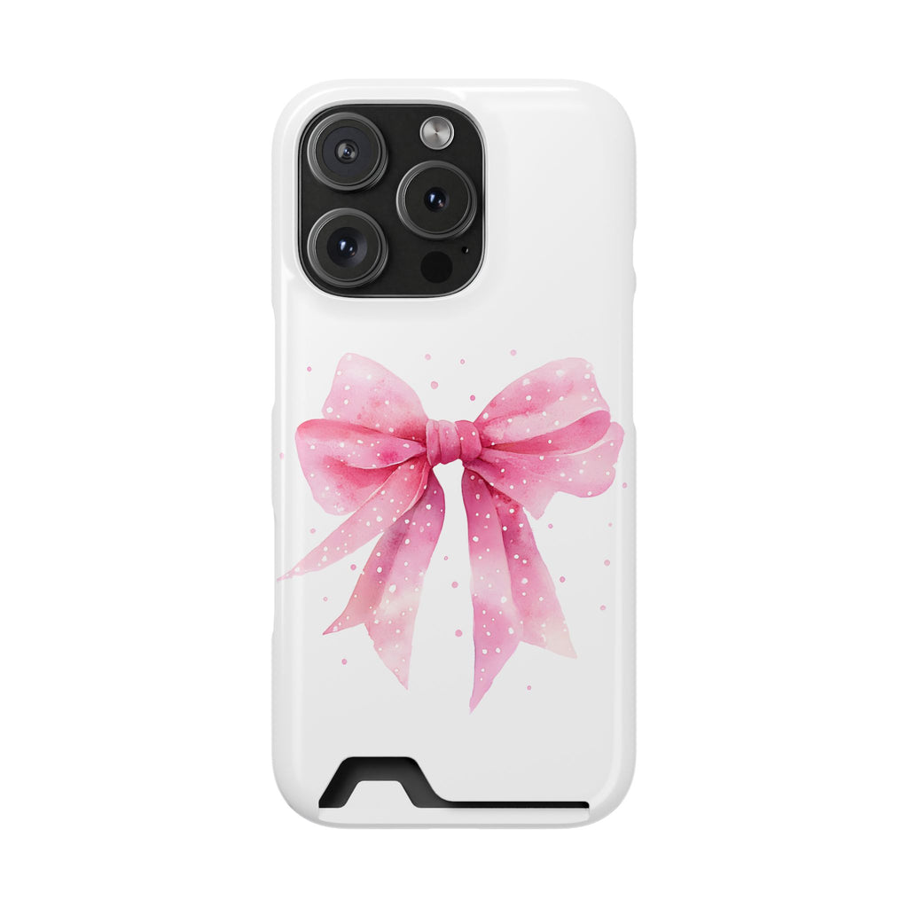 Pink Ribbon Bow phone case with card holder for iPhone 16 Pro, glossy finish