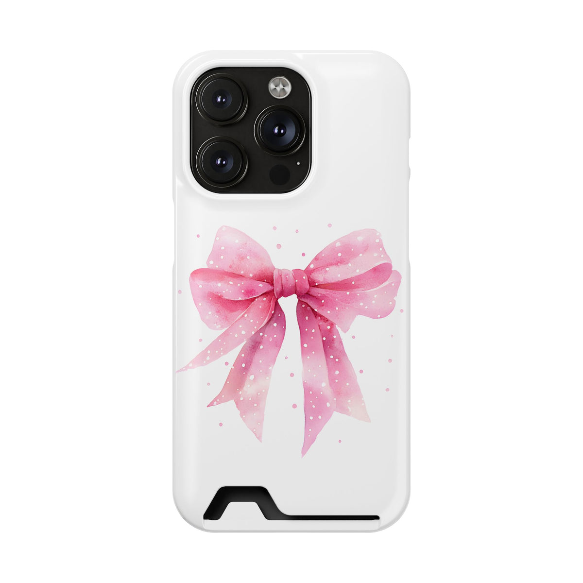 Pink Ribbon Bow phone case with card holder for iPhone 14 Pro, glossy finish