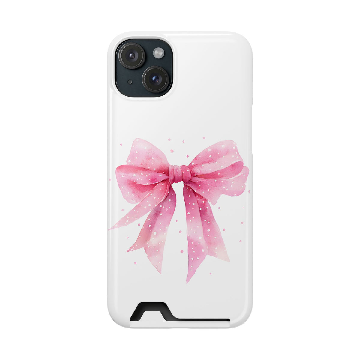 Pink Ribbon Bow phone case with card holder for iPhone 15 Plus, glossy finish
