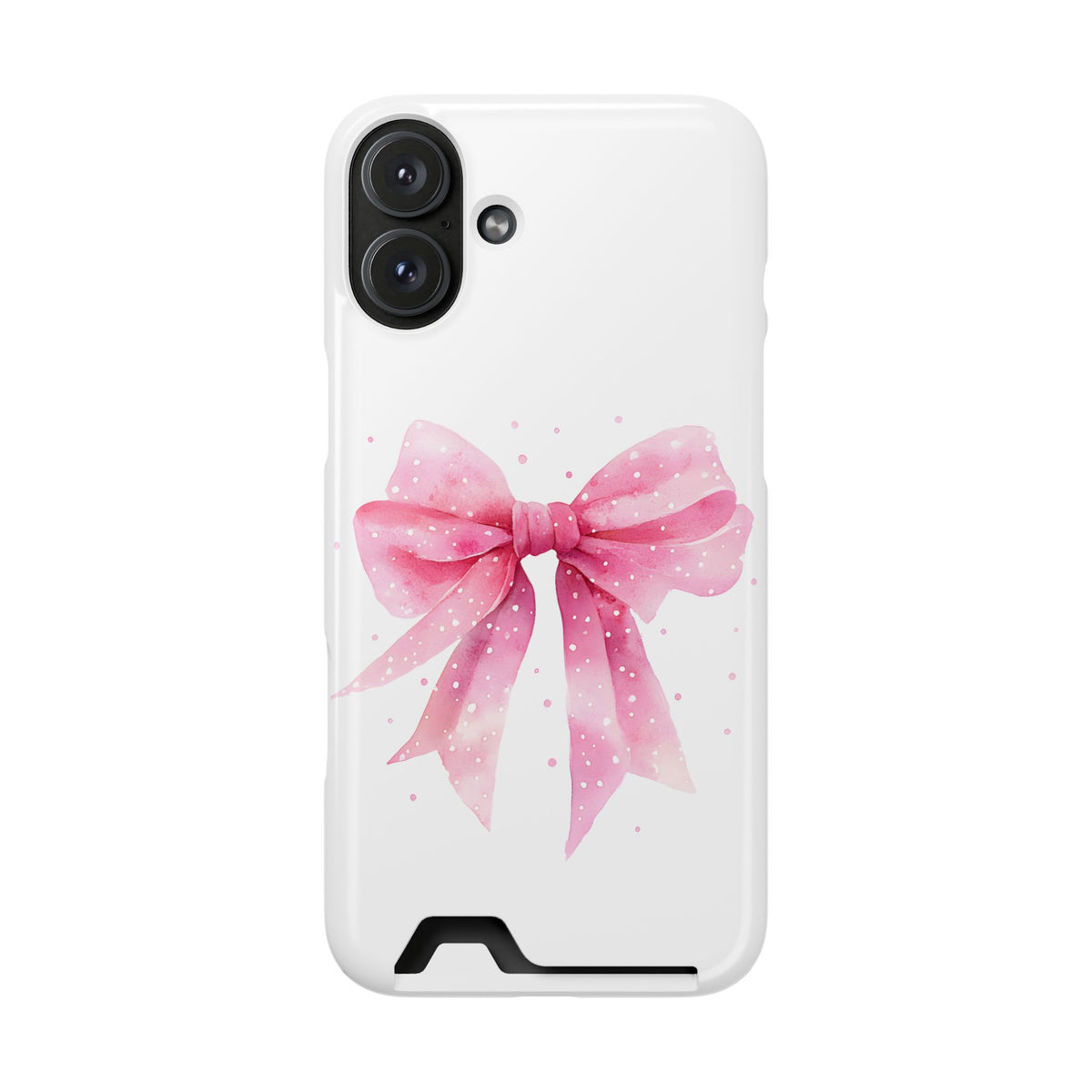 Pink Ribbon Bow phone case with card holder for iPhone 16 Plus, glossy finish