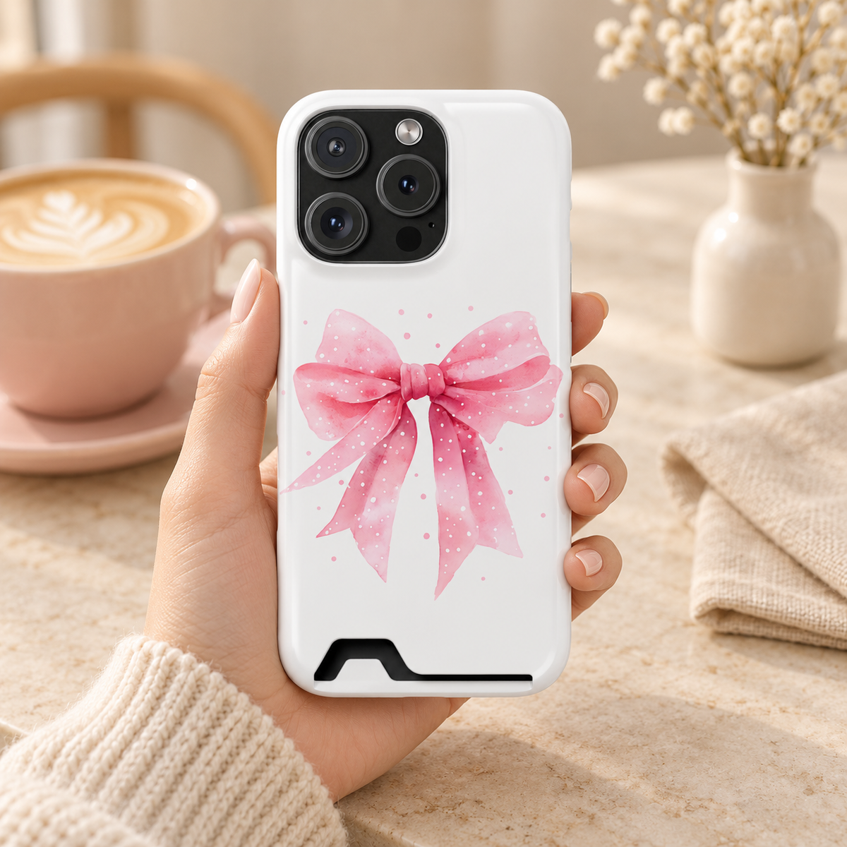 Pink Ribbon Bow phone case with card holder, one soft pink ribbon bow on white, lifestyle photo in hand with coffee