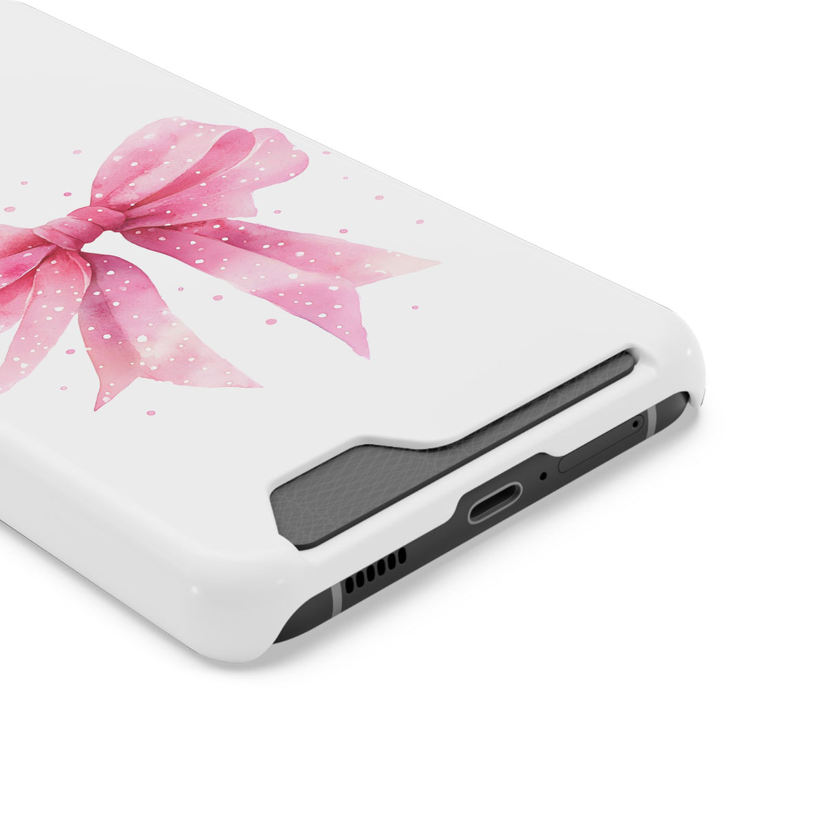 Pink Ribbon Bow phone case with card holder, close-up of the card slot