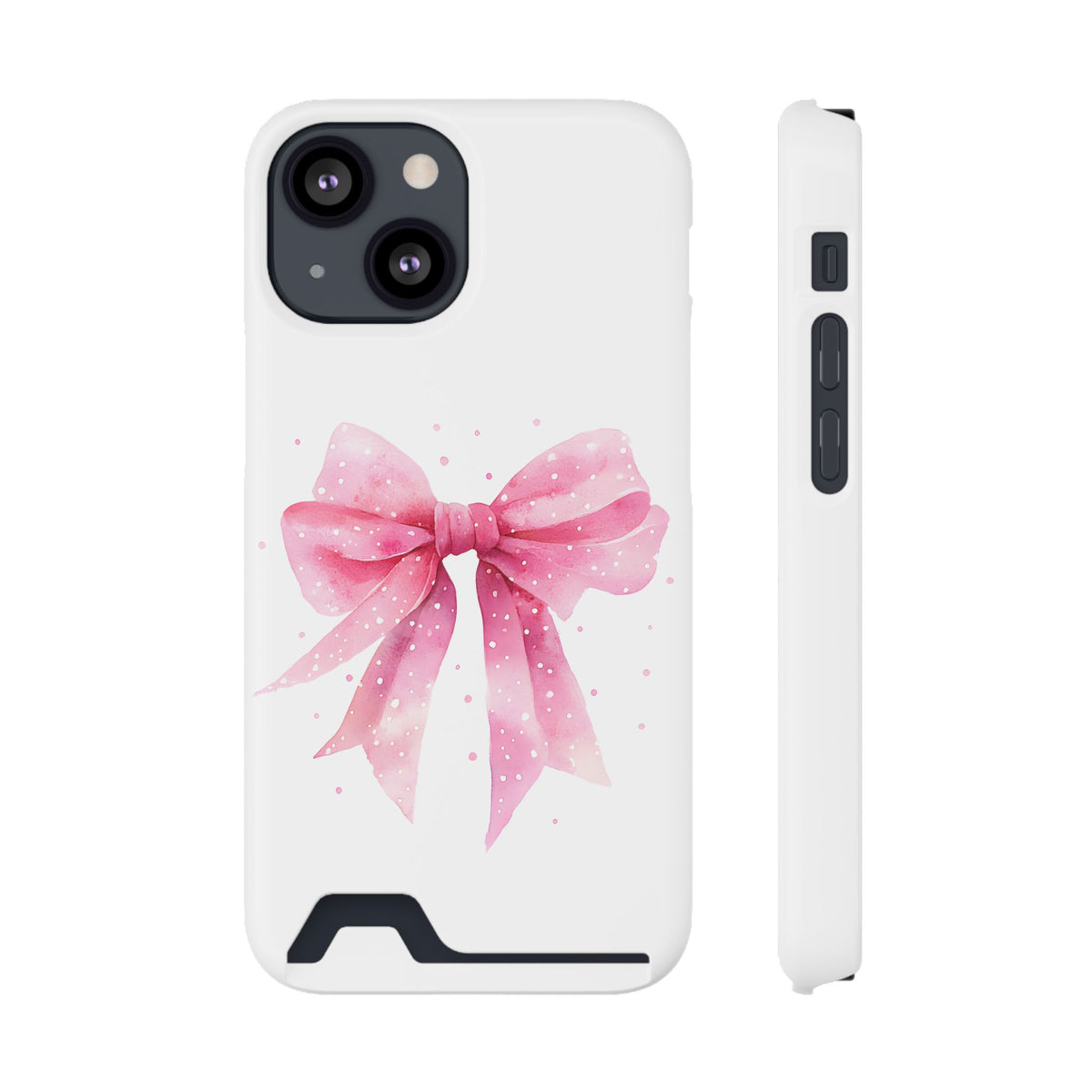 Pink Ribbon Bow phone case with card holder for iPhone 13 Mini, glossy finish