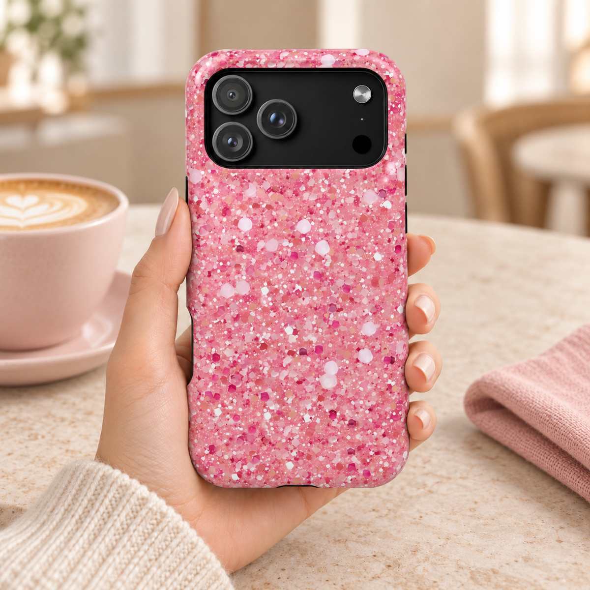Pink Sparkle protective phone case, a pink glitter look, lifestyle photo in hand with coffee