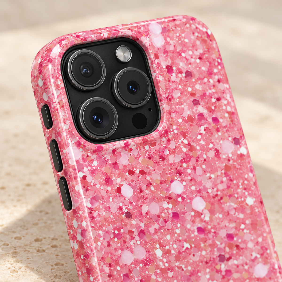 Pink Sparkle protective phone case, a pink glitter look, lifestyle close-up of the camera