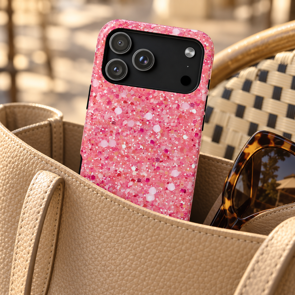 Pink Sparkle MagSafe case, a pink glitter look, lifestyle photo in a handbag