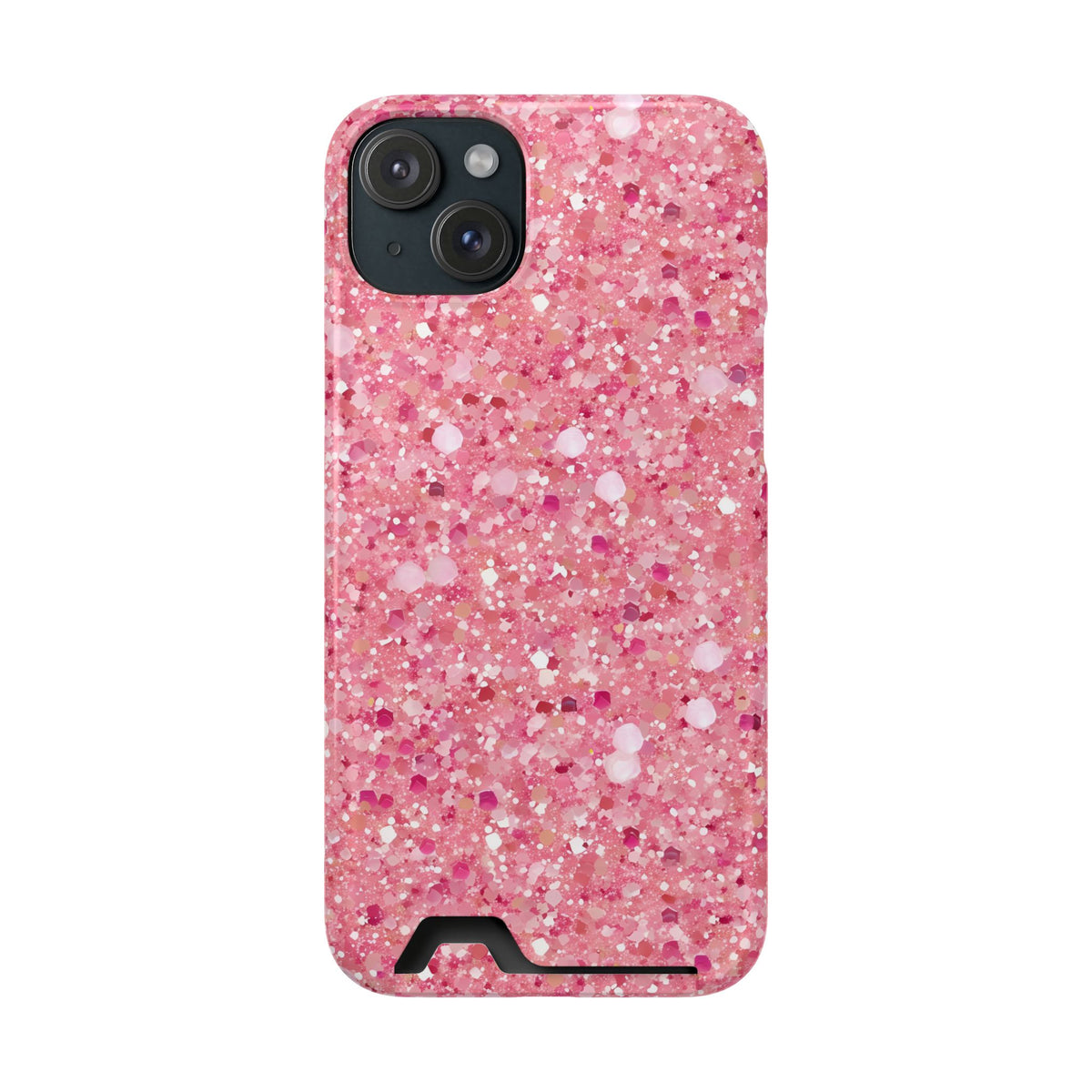 Pink Sparkle phone case with card holder for iPhone 15 Plus, glossy finish