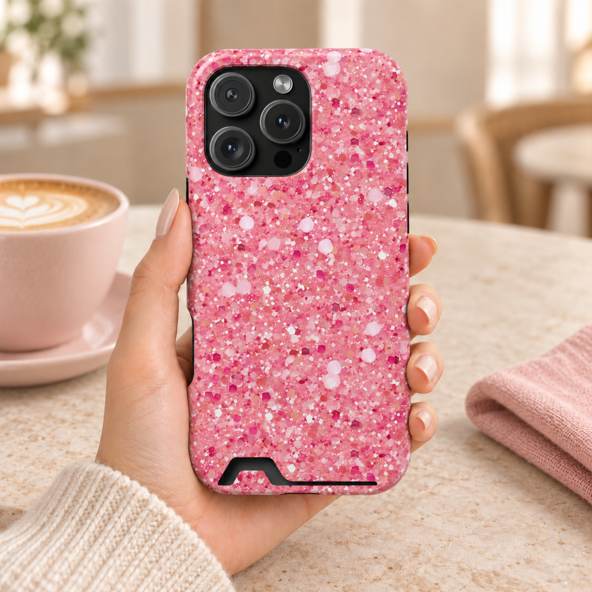 Pink Sparkle phone case with card holder, a pink glitter look, lifestyle photo in hand with coffee