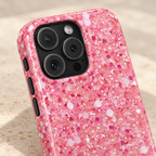 Pink Sparkle phone case with card holder, a pink glitter look, lifestyle close-up of the camera