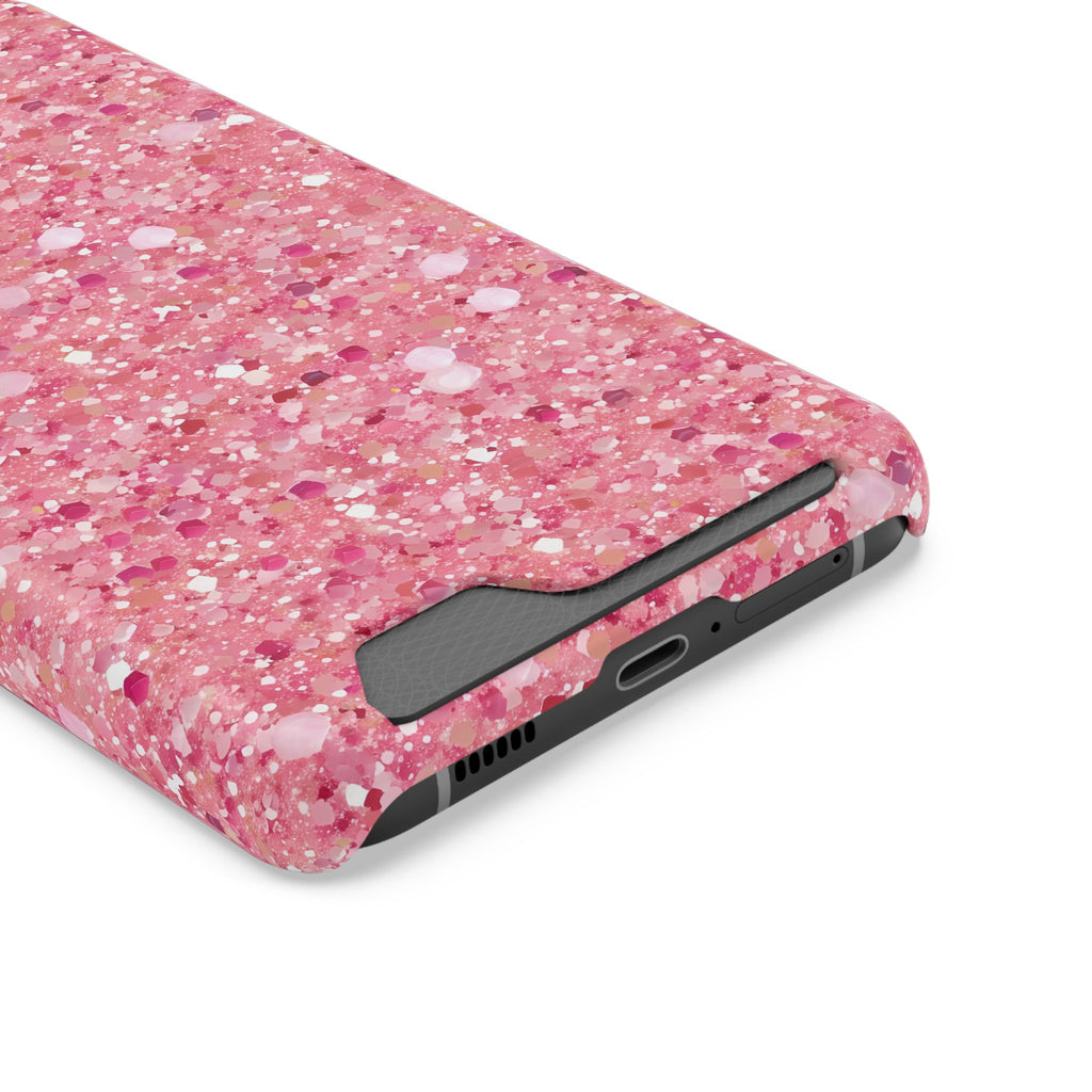 Pink Sparkle phone case with card holder, close-up of the card slot