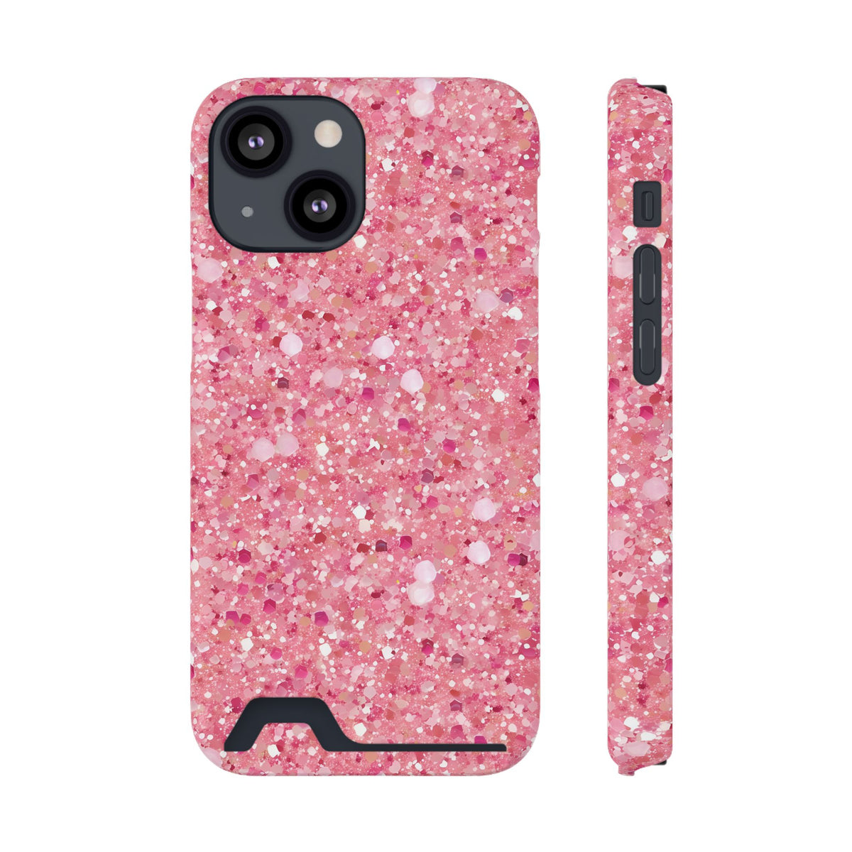 Pink Sparkle phone case with card holder for iPhone 13 Mini, glossy finish