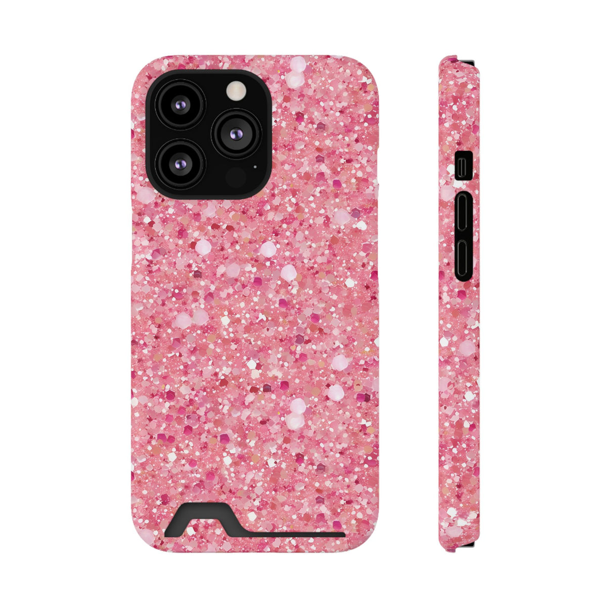 Pink Sparkle phone case with card holder for iPhone 13 Pro, glossy finish