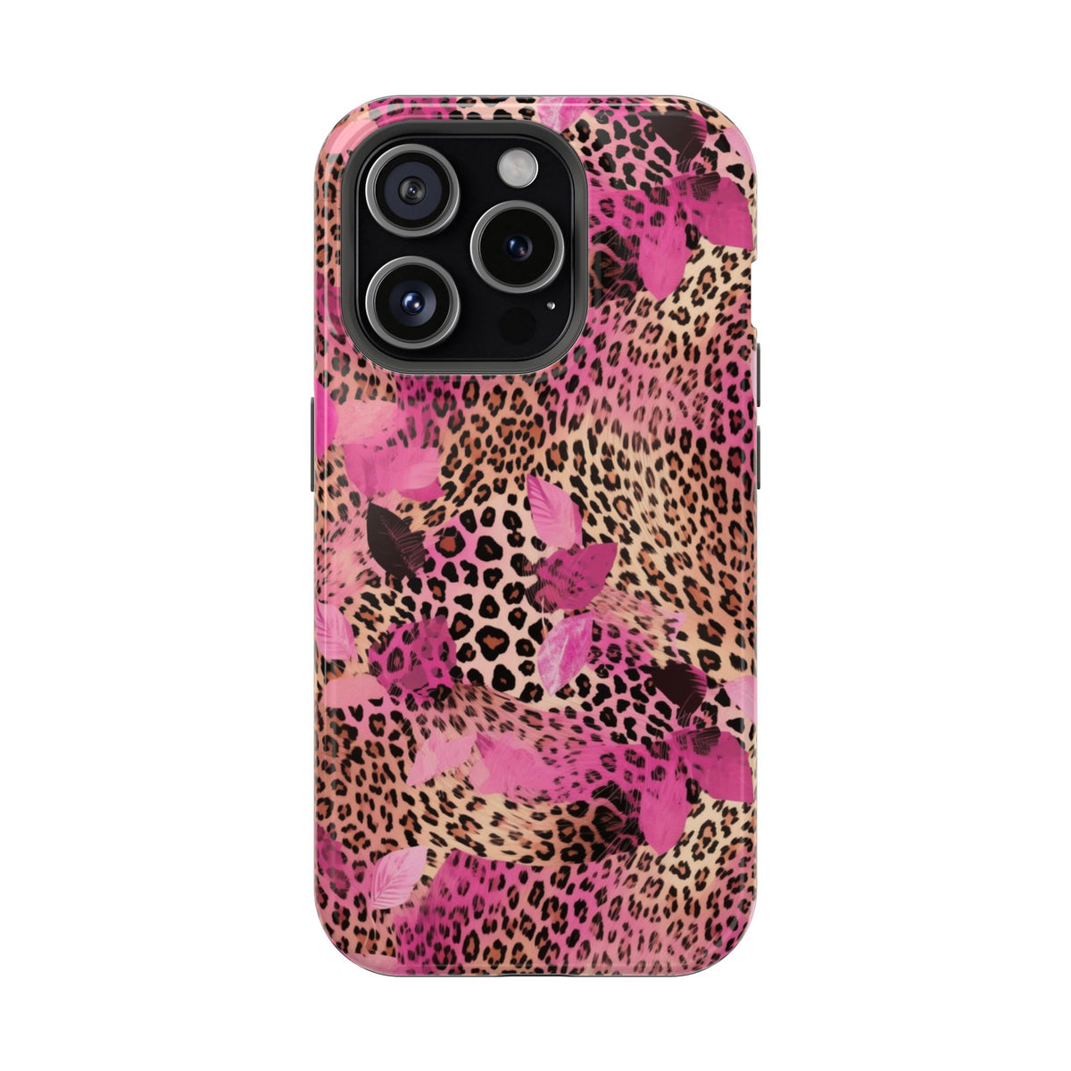 Pink Splash Leopard protective phone case for iPhone 15 Pro, glossy finish