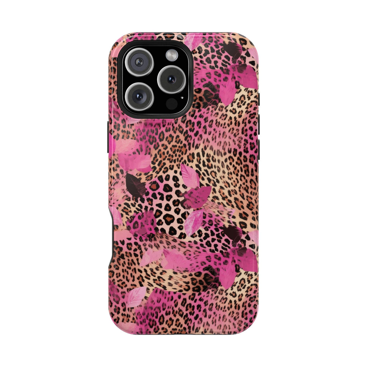 Pink Splash Leopard protective phone case for iPhone 16 Pro Max, glossy finish