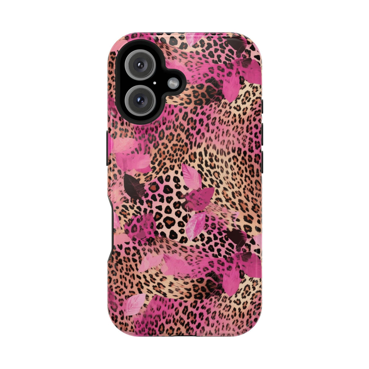Pink Splash Leopard protective phone case for iPhone 16, glossy finish