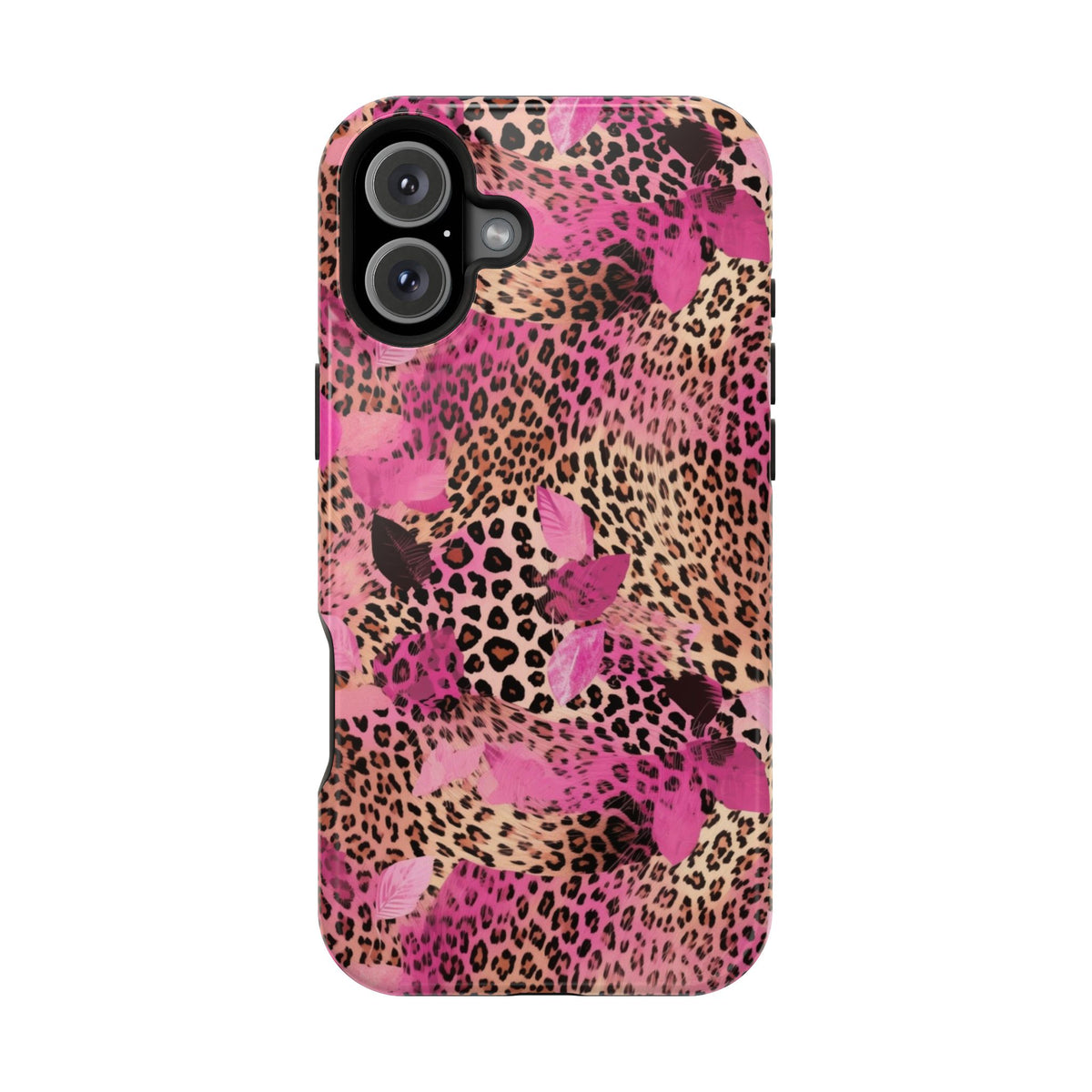 Pink Splash Leopard protective phone case for iPhone 16 Plus, glossy finish