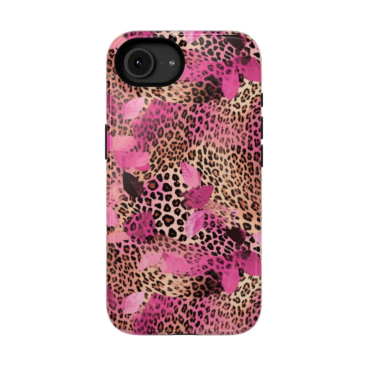 Pink Splash Leopard protective phone case for iPhone 16e, glossy finish