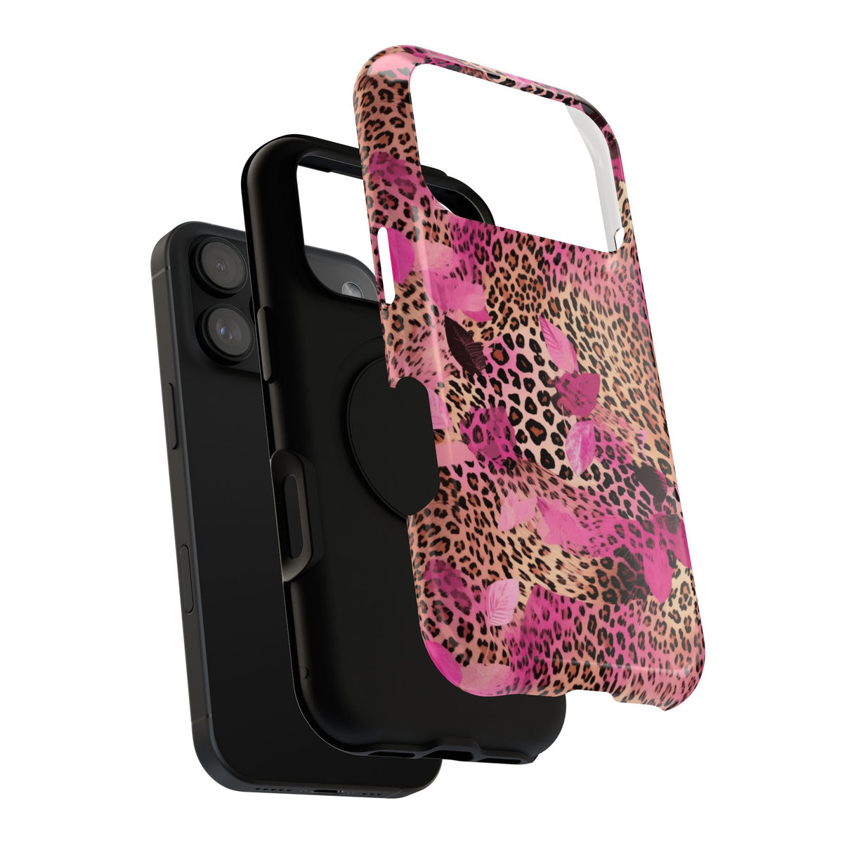 Pink Splash Leopard protective phone case, close-up of the dual-layer construction