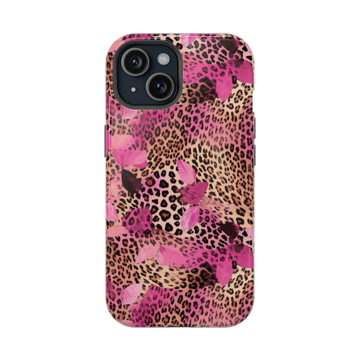 Pink Splash Leopard MagSafe case for iPhone 15, glossy finish