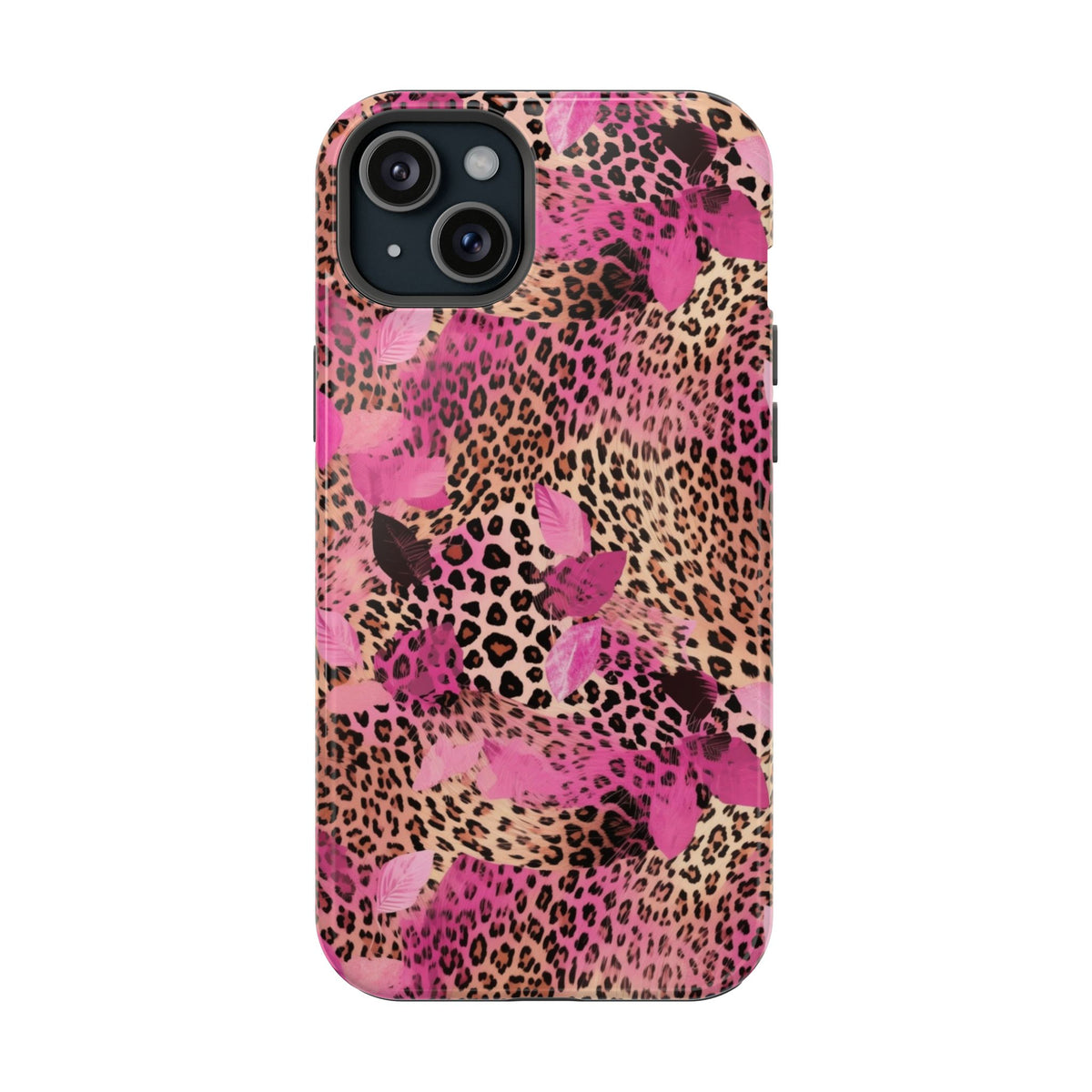 Pink Splash Leopard MagSafe case for iPhone 15 Plus, glossy finish