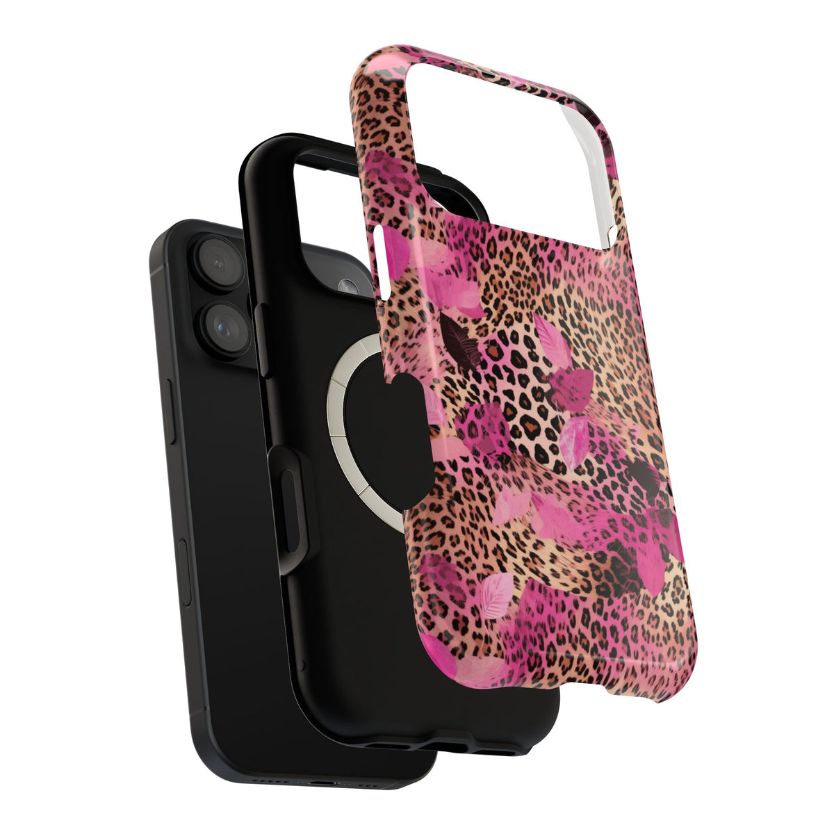 Pink Splash Leopard MagSafe case, close-up of the dual-layer construction