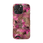Pink Splash Leopard phone case with card holder for iPhone 16 Pro, glossy finish